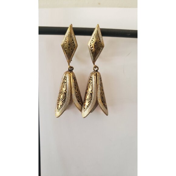 Hand Made Vintage Brass Etched Earrings Designer Earrings Stamped - Picture 8 of 10